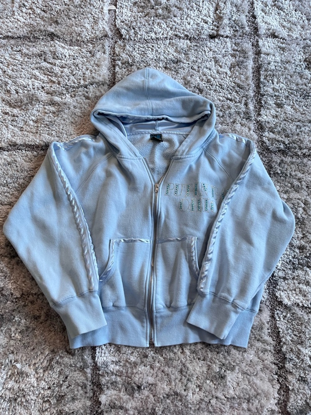 Light Blue Girls' Zip-Up Hooded Sweatshirt with Braided Trim